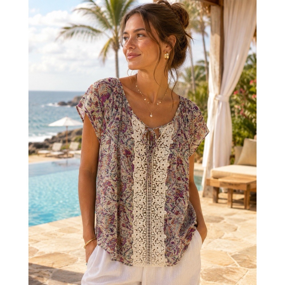 Daniel Rainn Floral Chiffon Lace Top Womens M Resort Boho Coastal RR30